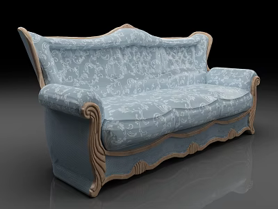 Classic Blue Sofa With Ornate Wooden Details And Floral Pattern Upholstery Design 3d model