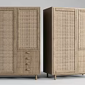 Natural Wooden Wardrobe Design With Rattan Door Panels And Drawer Storage