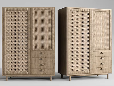 Natural Wooden Wardrobe Design With Rattan Door Panels And Drawer Storage 3d model