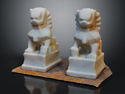 Pair of White Stone Lions Placed On Brown Mat With Detailed Carvings 3d model