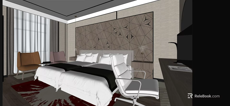 Modern Hotel Room Interior With Geometric Pattern Wall White Bedding And Armchair 3d model