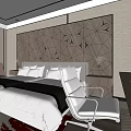 Modern Hotel Room Interior With Geometric Pattern Wall White Bedding And Armchair 3d model