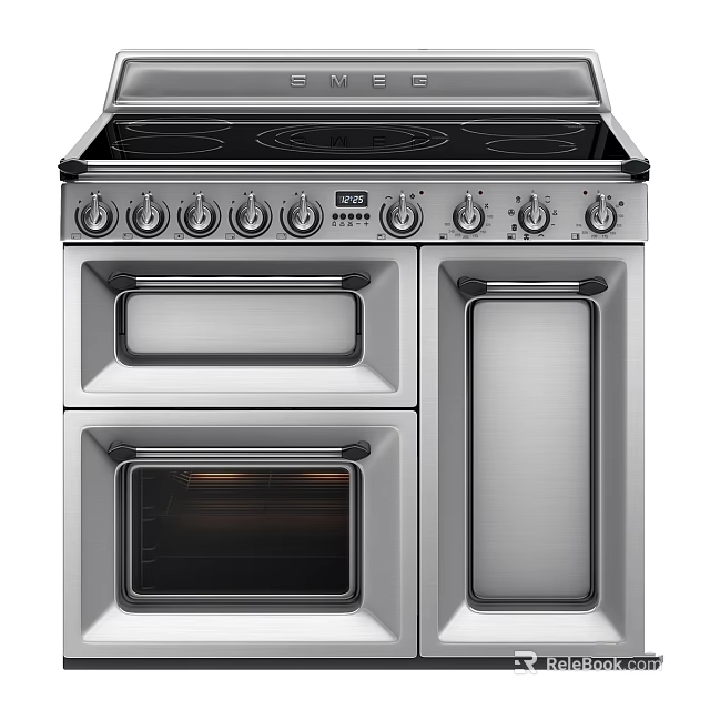Stainless Steel Kitchen Stove With Double Oven And Multiple Control Knobs 3d model 