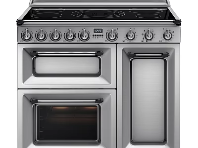 Stainless Steel Kitchen Stove With Double Oven And Multiple Control Knobs 3d model