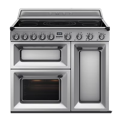 Stainless Steel Kitchen Stove With Double Oven And Multiple Control Knobs 3d model