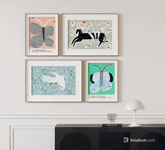 Modern Abstract Paintings Framed Wall Art With Butterfly Horse Rabbit Motifs 3d model 