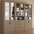 Wooden File Cabinet With Glass Doors Multiple Shelves Organized Folders Documents And Potted Plant