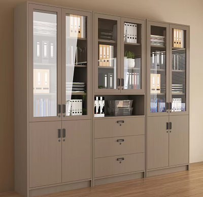 Wooden File Cabinet With Glass Doors Multiple Shelves Organized Folders Documents And Potted Plant 3d model