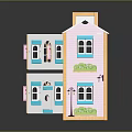Colorful Two Story Toy House With Pink Roof Open Doors And Interior Furniture