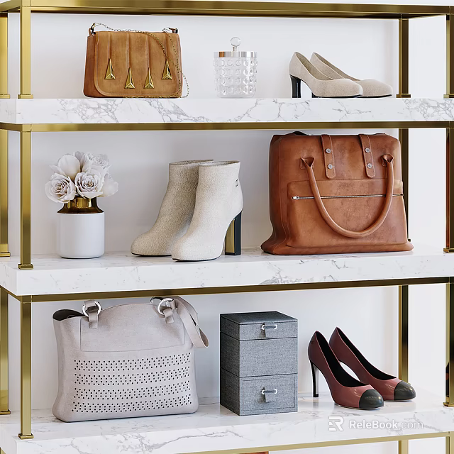 Elegant Modern Shoe Cabinet With Marble Shelves Gold Frame And Shoes 3d model 
