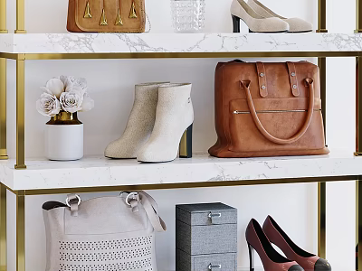 Elegant Modern Shoe Cabinet With Marble Shelves Gold Frame And Shoes 3d model