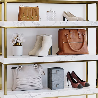 Elegant Modern Shoe Cabinet With Marble Shelves Gold Frame And Shoes 3d model