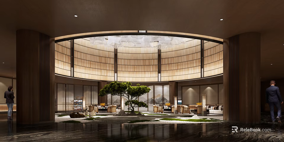 Elegant Hotel Lobby Interior With Circular Wooden Ceiling And Central Green Plant 3d model 