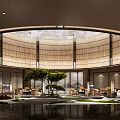 Elegant Hotel Lobby Interior With Circular Wooden Ceiling And Central Green Plant