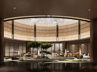 Elegant Hotel Lobby Interior With Circular Wooden Ceiling And Central Green Plant 3d model