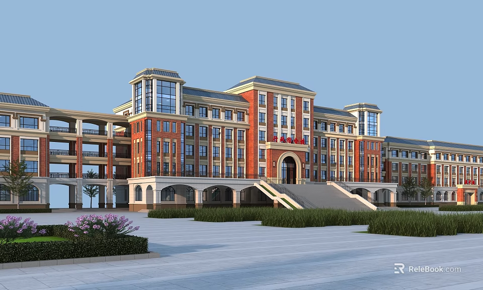 Red Brick School Building With White Accents Arched Entrance Front Steps And Plaza Area 3d model 