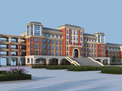Red Brick School Building With White Accents Arched Entrance Front Steps And Plaza Area 3d model