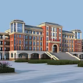 Red Brick School Building With White Accents Arched Entrance Front Steps And Plaza Area