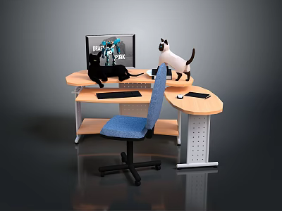 Home Office Desk with Monitor Keyboard Black and White Cats and Blue Chair 3d model
