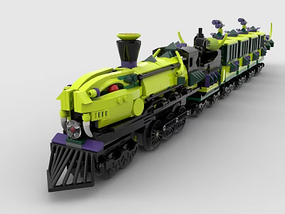 Yellow Building Block Steam Locomotive Train with Multiple Carriages and Black Components 3d model