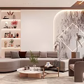 Modern Living Room Interior With Curved Sofa Round Coffee Table Decorative Shelves And Wall Artwork