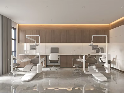 Modern Hospital Outpatient Clinic Interior With Examination Chairs Medical Devices And Spacious Waiting Area 3d model