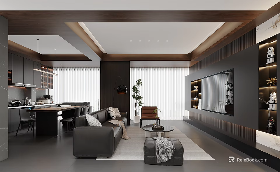 Modern Living and Dining Area With Dark Sofa Wooden Ceiling and Floor to Ceiling Windows 3d model 