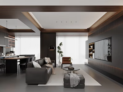 Modern Living and Dining Area With Dark Sofa Wooden Ceiling and Floor to Ceiling Windows 3d model