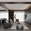 Modern Living and Dining Area With Dark Sofa Wooden Ceiling and Floor to Ceiling Windows