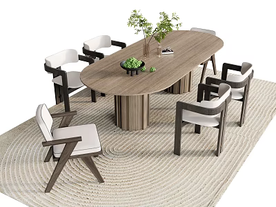 Modern Oval Wooden Dining Table With White Cushioned Chairs And Green Plant On Woven Rug 3d model