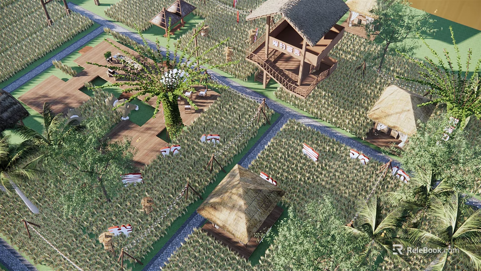 Rural Landscape With Lush Rice Fields Thatched Cottages And Winding Paths 3d model 