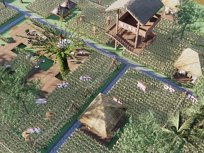 Rural Landscape With Lush Rice Fields Thatched Cottages And Winding Paths 3d model