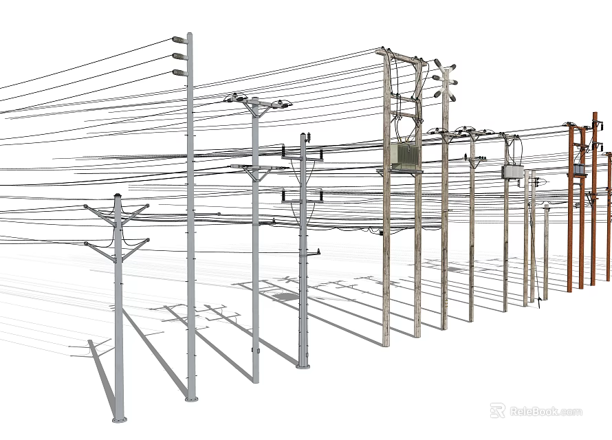 Road Facilities Featuring Utility Poles And Power Lines Arranged Along Roadside 3d model 