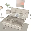 Elegant Modern Double Bed With Upholstered Headboard Pillows Nightstand And Table Lamp 3d model