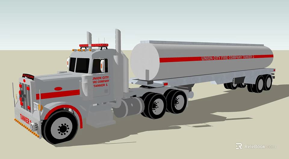 Road Master Transportation Grey Tanker Truck With Red Stripes Cab Warning Lights And Trailer 3d model 
