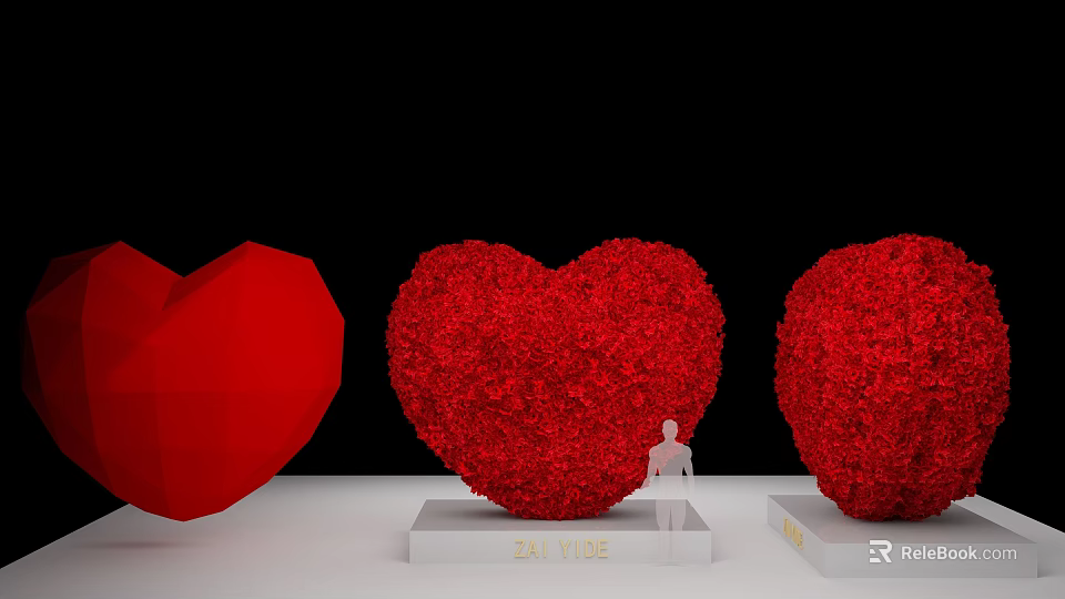 Red Heart Shaped Floral Installation With Three Hearts On White Pedestals 3d model 
