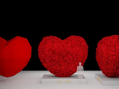 Red Heart Shaped Floral Installation With Three Hearts On White Pedestals 3d model