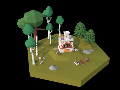 Cartoon Forest Scene With Low Poly Style Trees Cabin Stones And Logs 3d model