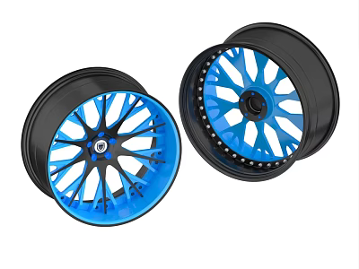 Pair of Stylish Alloy Wheel Rims With Blue Spokes And Black Edges Design 3d model