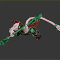 Horned Mythical Character 3D Model With Elaborate Green Staff Red Green Outfit And Pink Tail