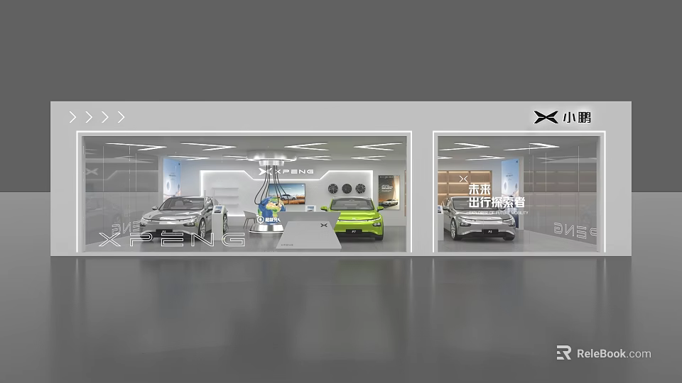 XPeng New Energy Vehicle Showroom With Three Cars Glass Walls And Modern Design 3d model 