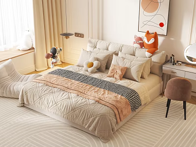 Cozy Double Bed With Multiple Pillows Soft Blanket And Wall Art In Bedroom Interior 3d model