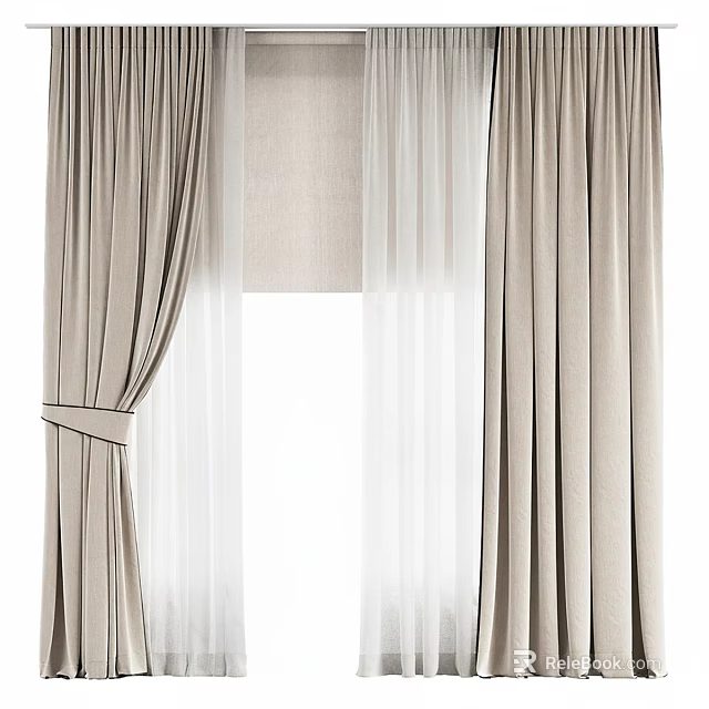 Beige Curtains With Sheer White Panels And Tieback For Home Window Interior 3d model 