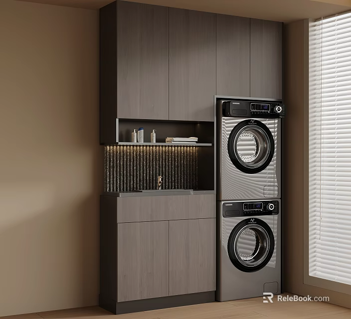 Modern Balcony Cabinet Design With Built In Washing Machine Dryer And Storage Drawers 3d model 