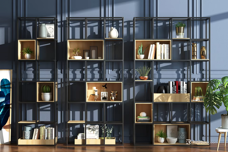 Multiple Modern Bookcases With Books Decorative Plants Vases And Photo Frames 3d model 