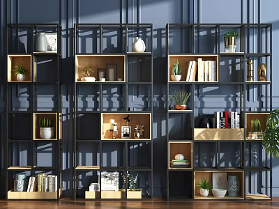 Multiple Modern Bookcases With Books Decorative Plants Vases And Photo Frames 3d model