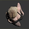 Blonde Woman Wearing Black Corset Patterned Stockings And High Heels On Gray Background