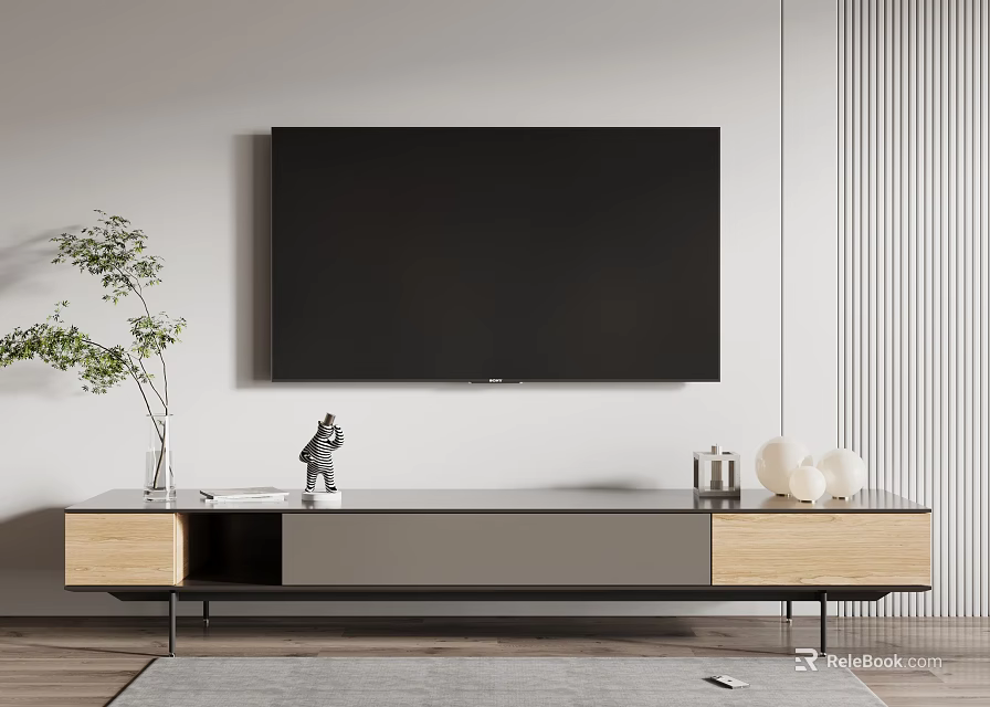 Modern Light Wood and Gray TV Stand with Green Plant Sculpture and White Spherical Ornaments 3d model 