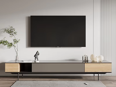 Modern Light Wood and Gray TV Stand with Green Plant Sculpture and White Spherical Ornaments 3d model