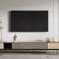 Modern Light Wood and Gray TV Stand with Green Plant Sculpture and White Spherical Ornaments